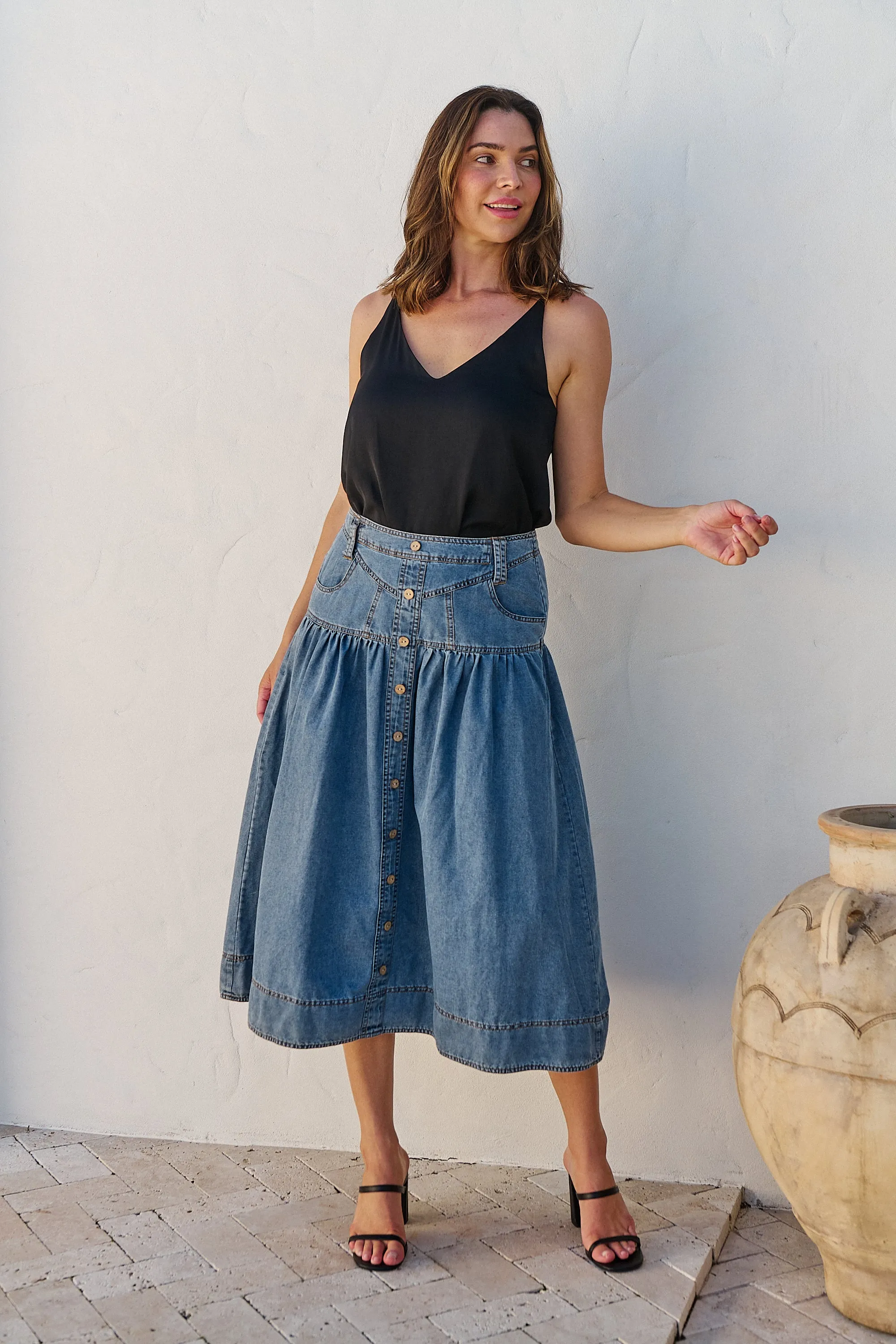 Mirabelle Button Cotton Denim Wash Skirt