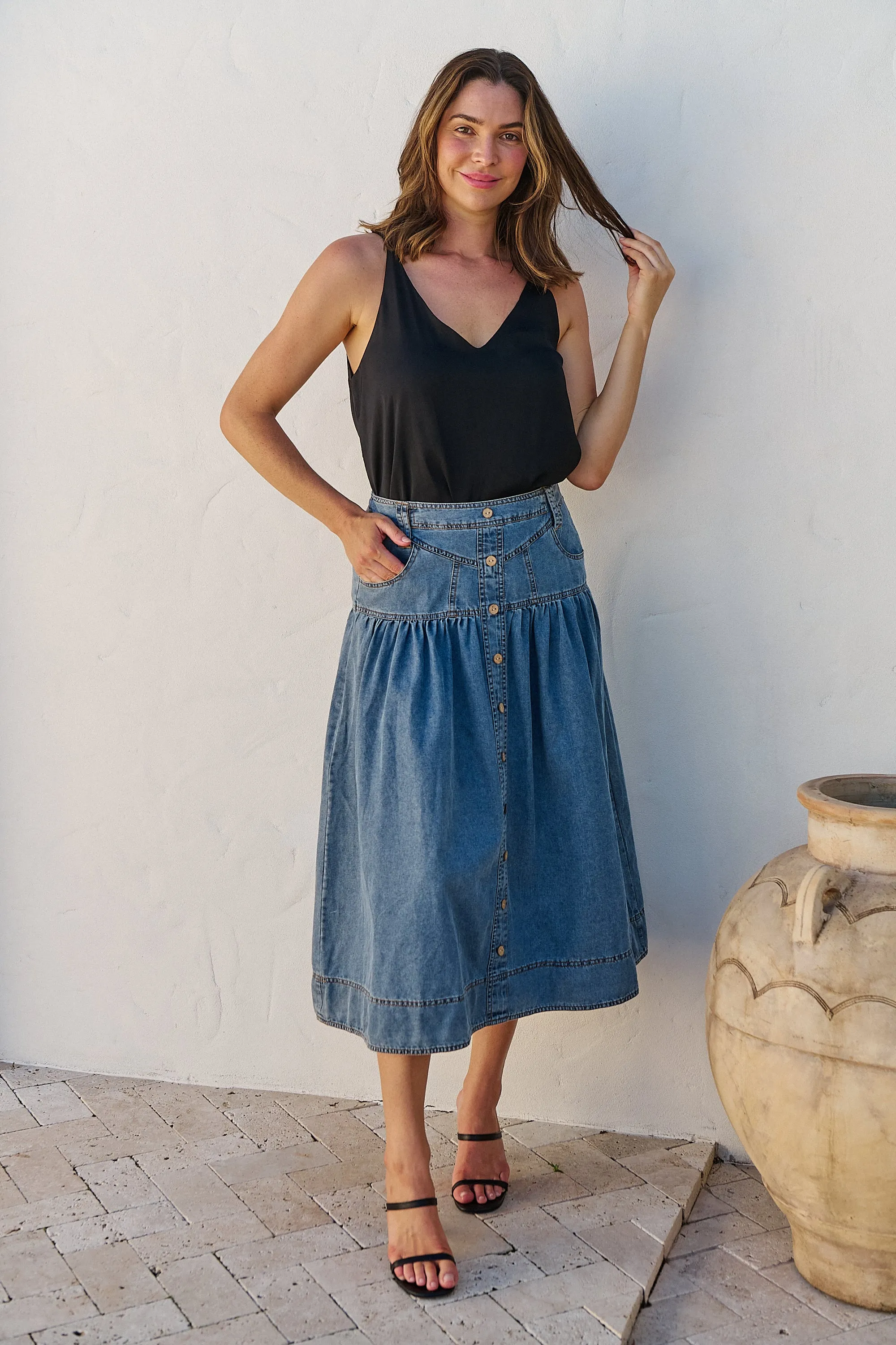 Mirabelle Button Cotton Denim Wash Skirt