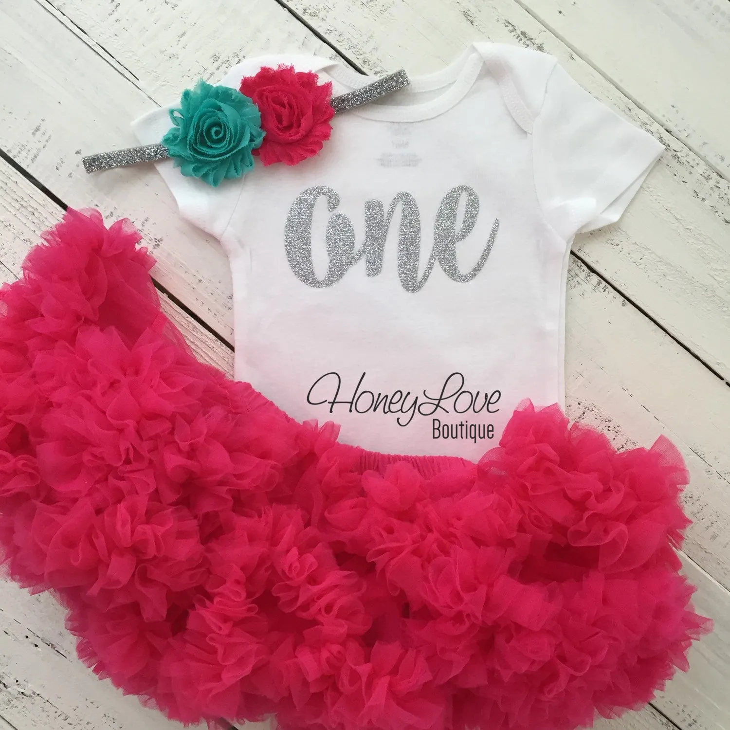 One - Birthday Outfit - Silver or Gold and watermelon pink/turquoise