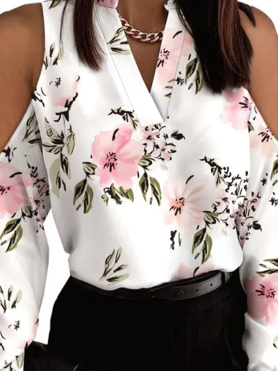 Original Creation Long Sleeves Loose Floral Printed Hollow V-Neck Blouses&Shirts Tops