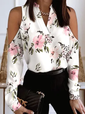 Original Creation Long Sleeves Loose Floral Printed Hollow V-Neck Blouses&Shirts Tops