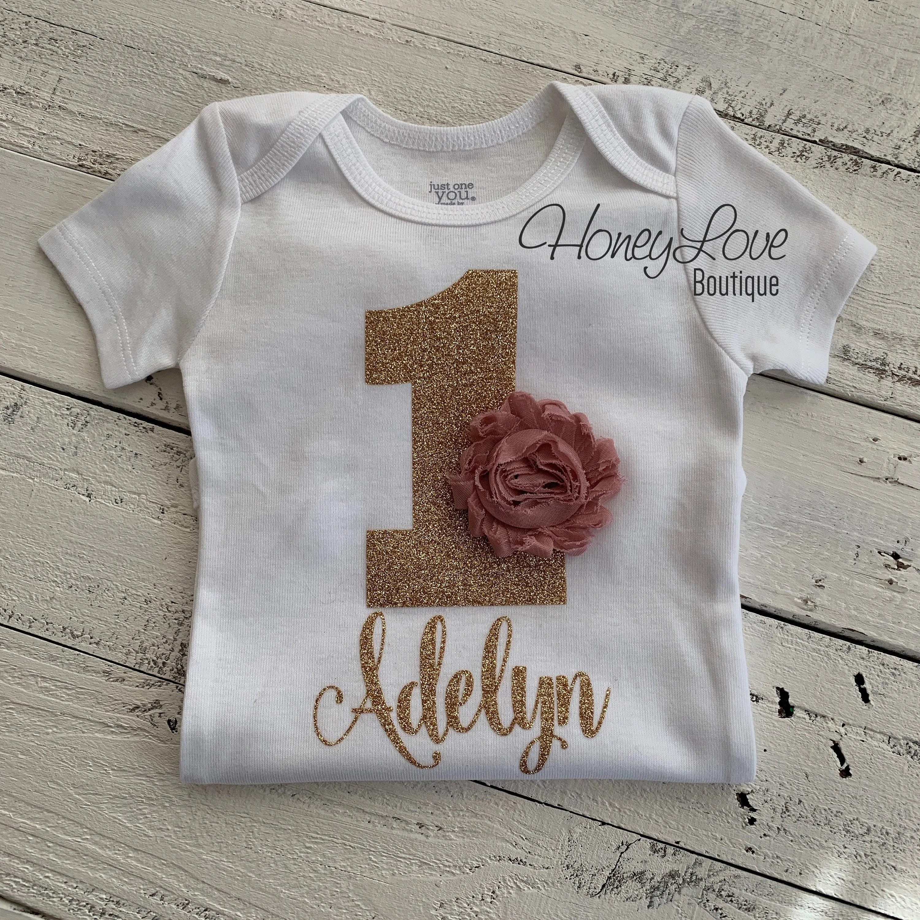 Personalized 1st Birthday Outfit - Vintage Pink and Gold glitter