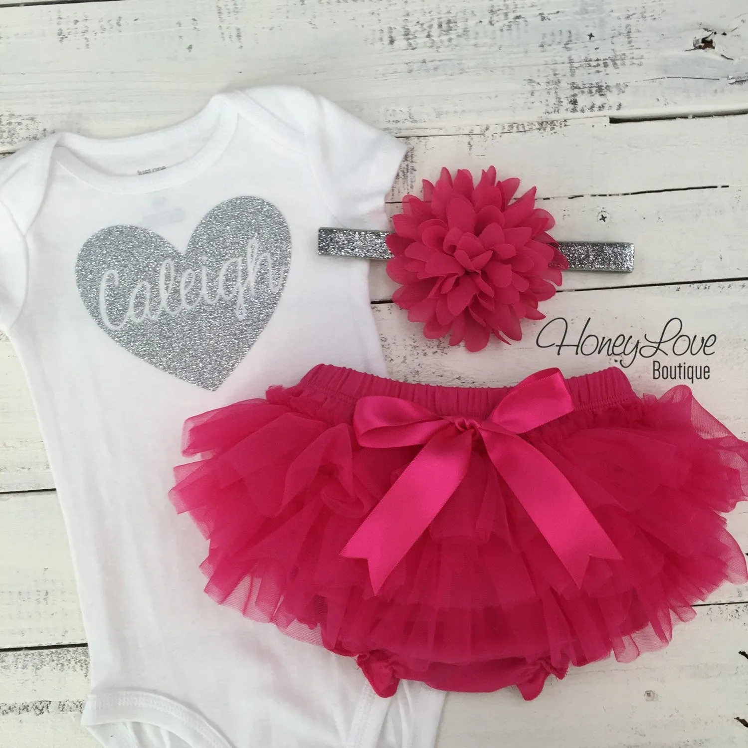 PERSONALIZED Name inside Heart - Watermelon Pink and Silver/Gold Glitter - tutu skirt bloomer