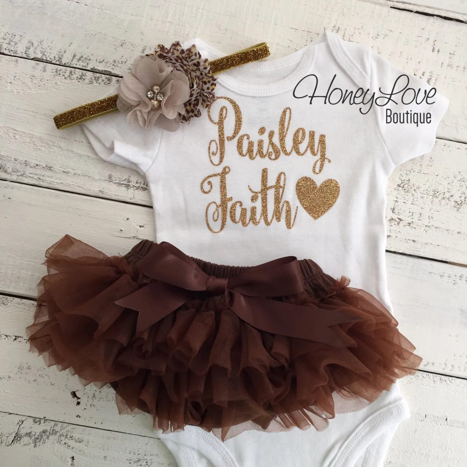 PERSONALIZED Name Outfit - Gold Glitter and Brown, Leopard Print