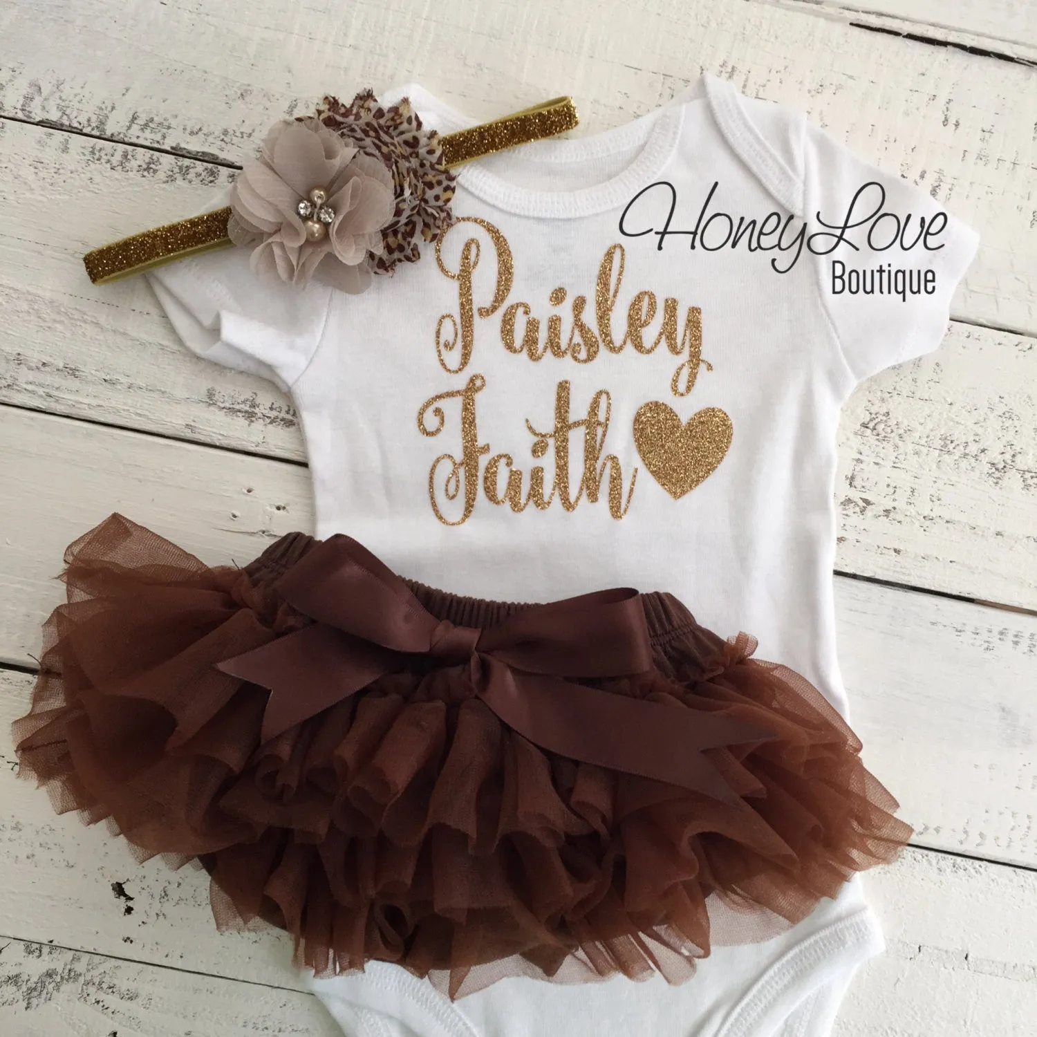 PERSONALIZED Name Outfit - Gold Glitter and Brown, Leopard Print