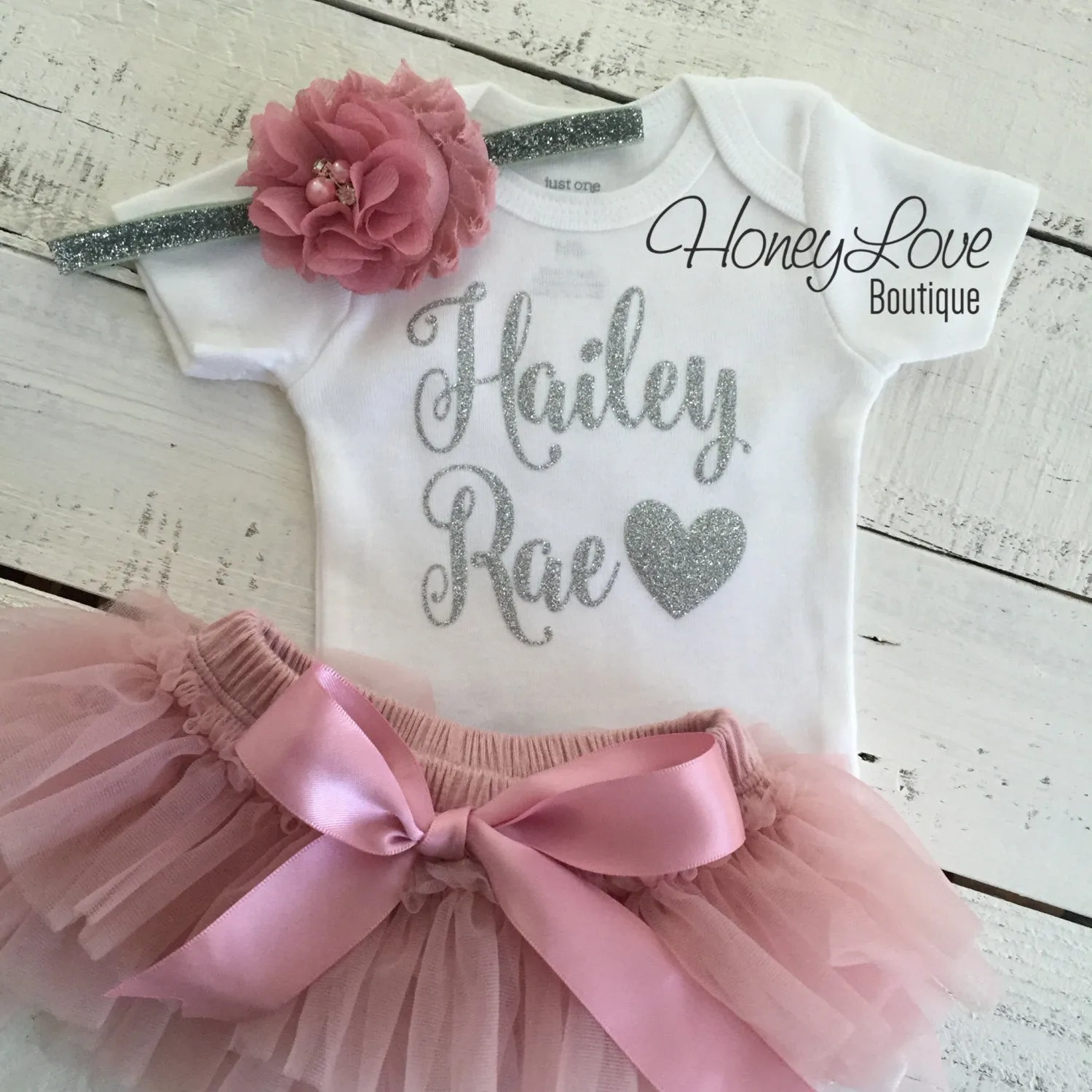 PERSONALIZED Name Outfit - Silver Glitter and Vintage Pink