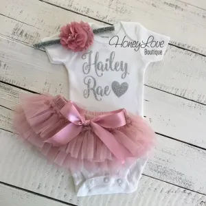 PERSONALIZED Name Outfit - Silver Glitter and Vintage Pink