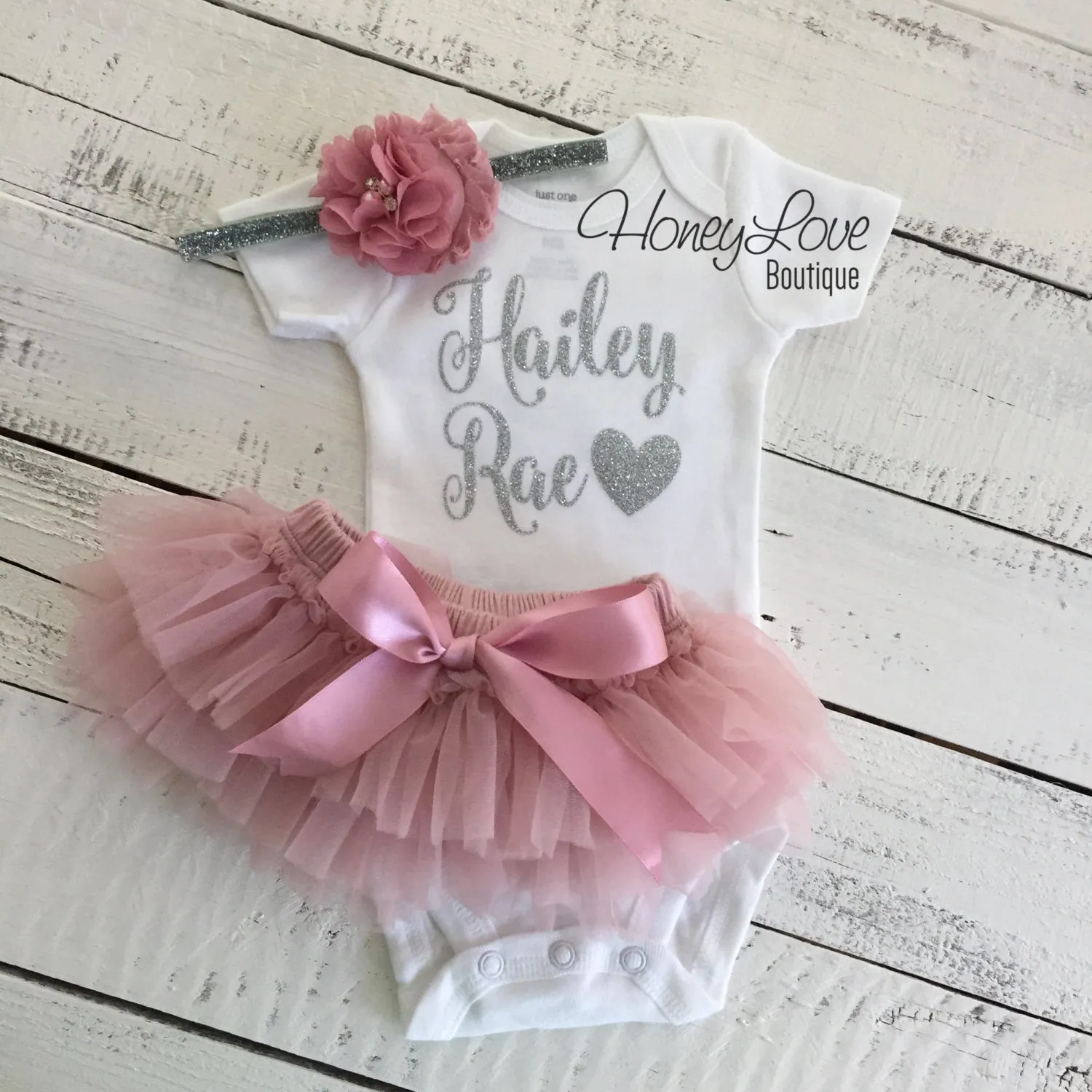 PERSONALIZED Name Outfit - Silver Glitter and Vintage Pink