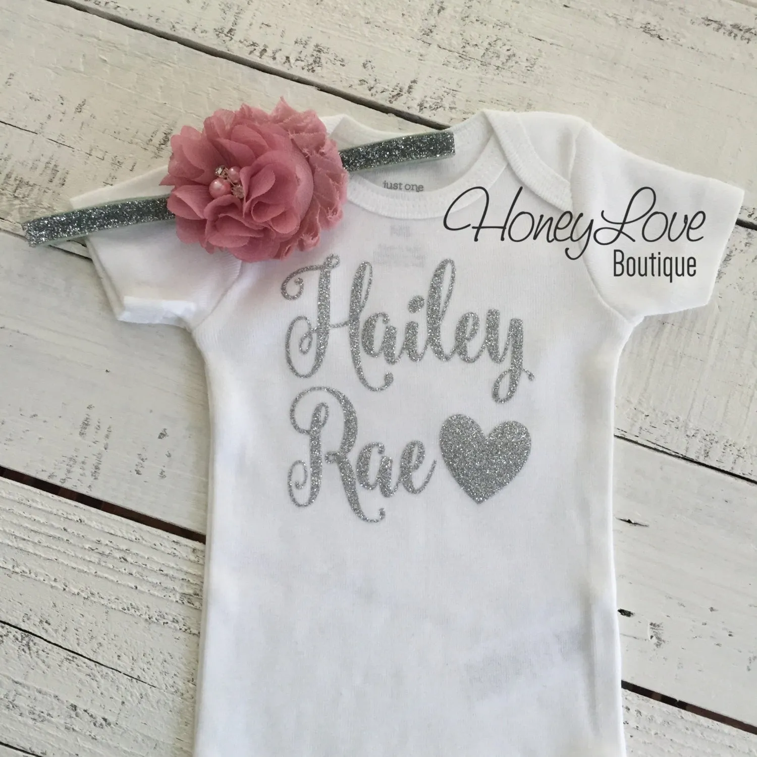 PERSONALIZED Name Outfit - Silver Glitter and Vintage Pink