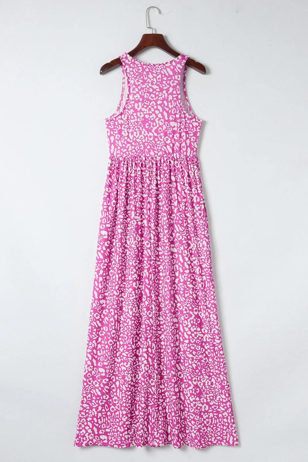 Pink Leopard Print Pocketed Sleeveless Maxi Dress