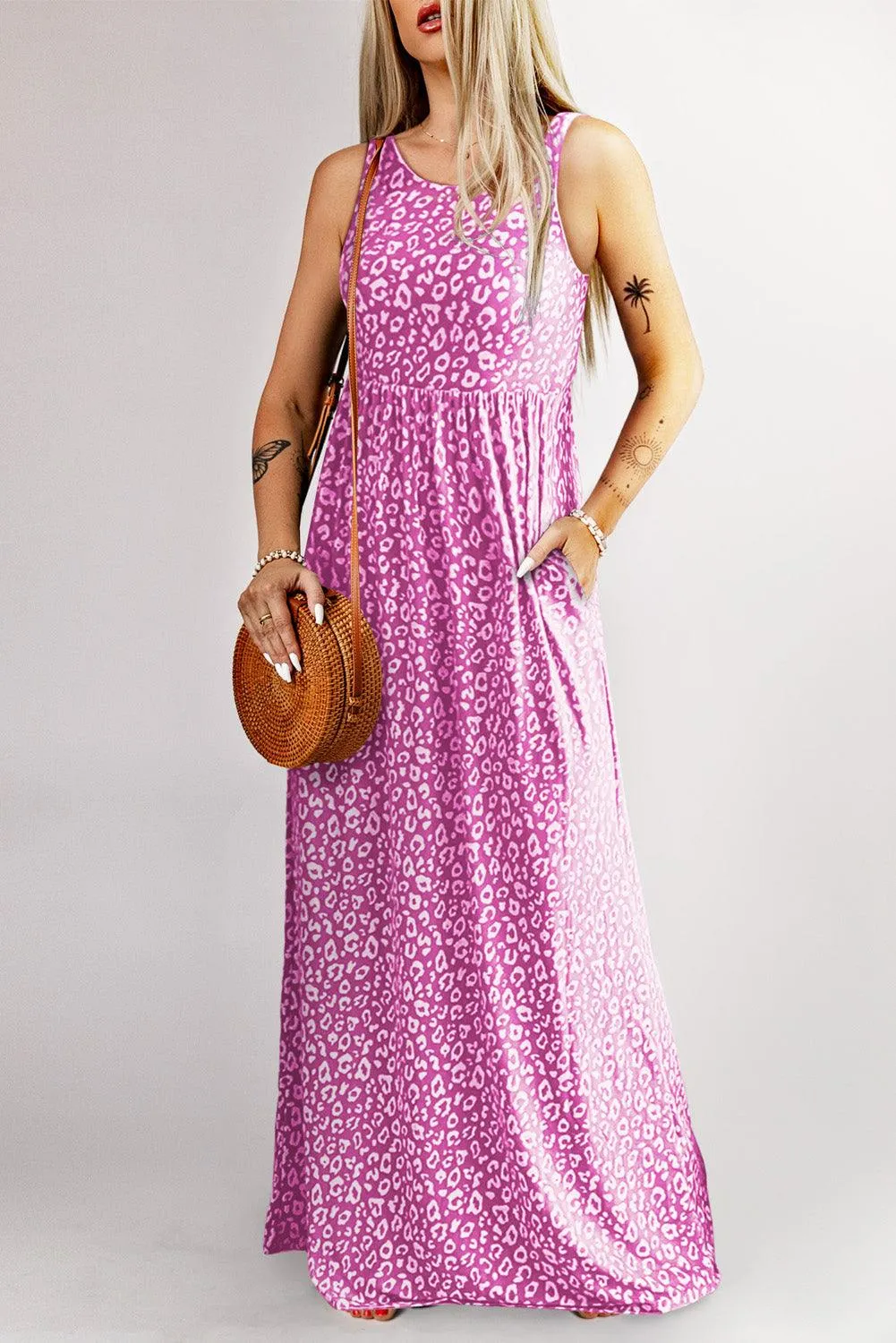 Pink Leopard Print Pocketed Sleeveless Maxi Dress