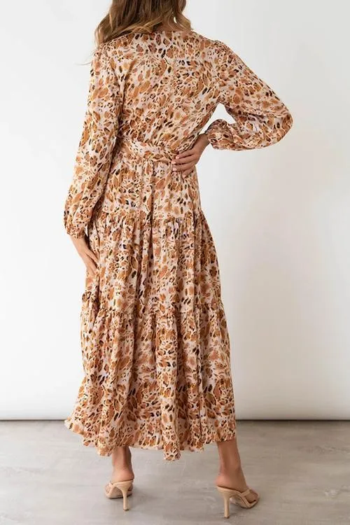 Print Belted Long Sleeve Maxi Dress