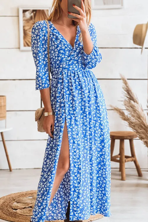 Print Seven Sleeve Slit Wrap Maxi Dress