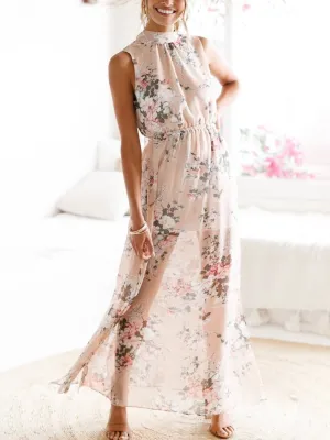 Printed sleeveless split chiffon dress long