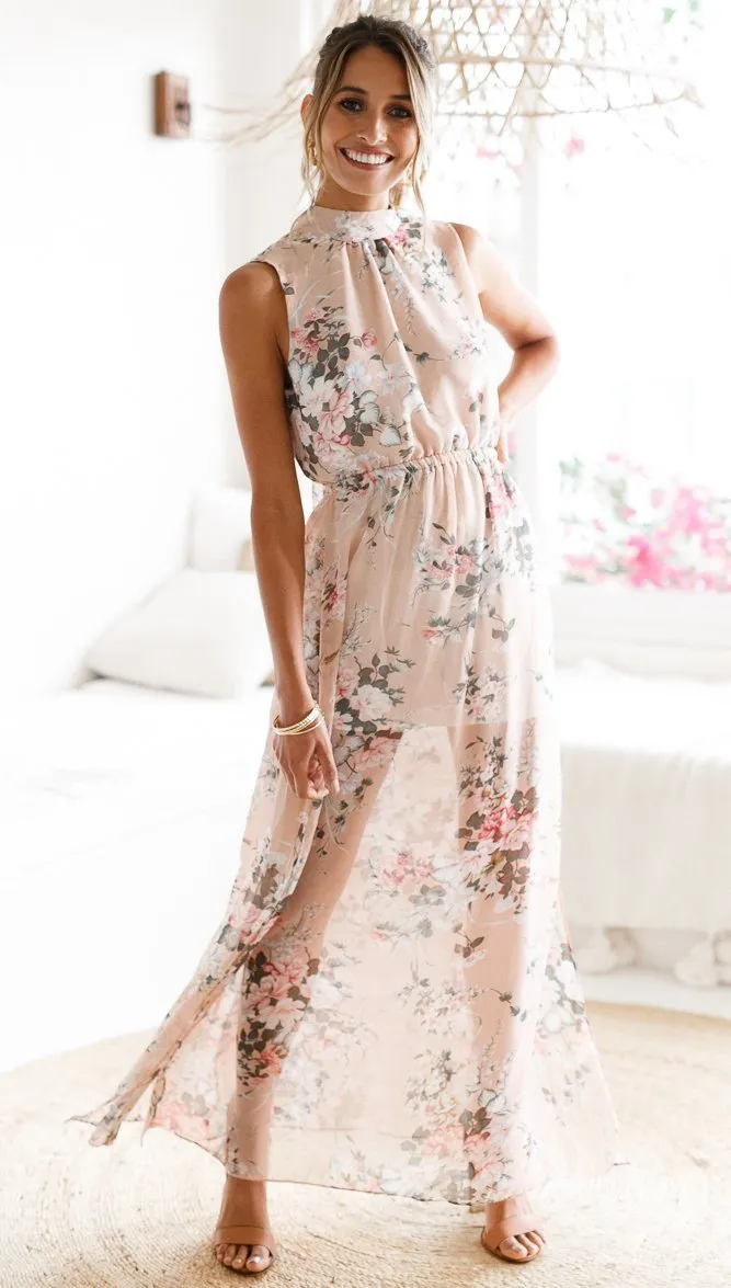 Printed sleeveless split chiffon dress long