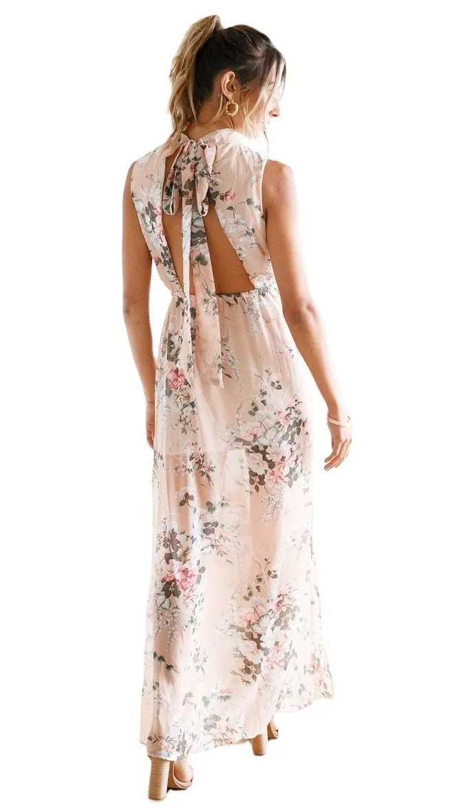 Printed sleeveless split chiffon dress long