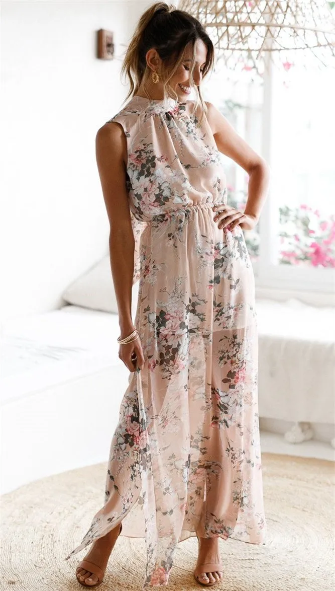 Printed sleeveless split chiffon dress long