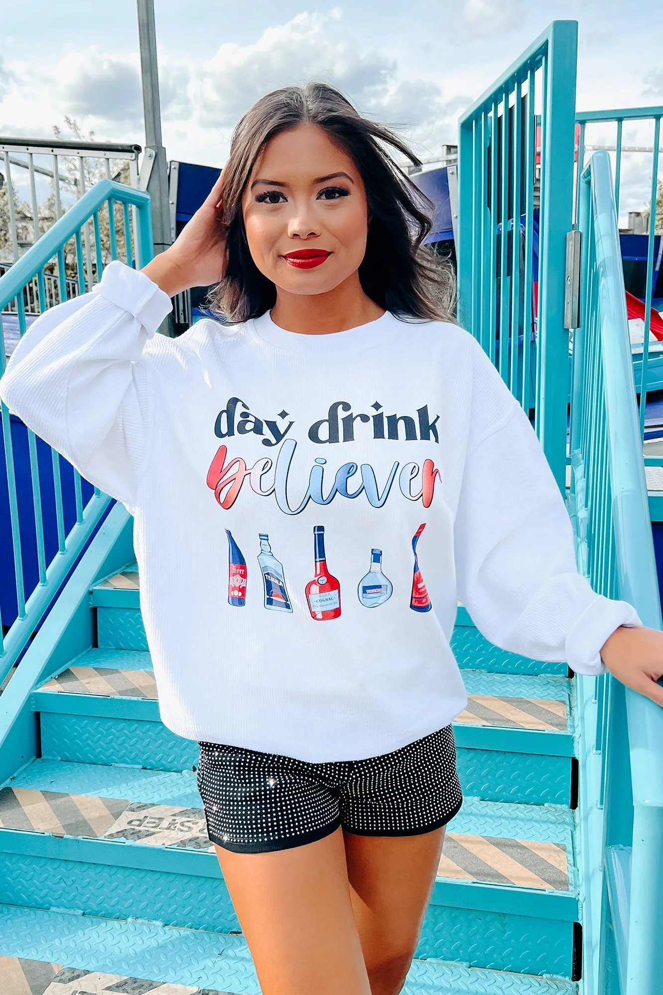 "Day Drink Believer" Corded Graphic Crewneck (White) - Print On Demand