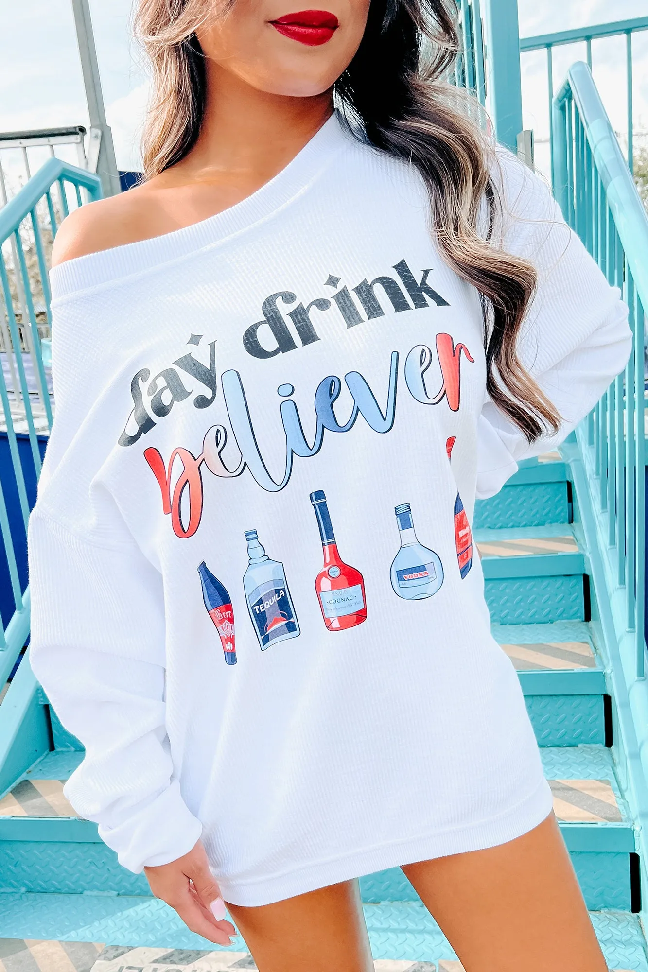 "Day Drink Believer" Corded Graphic Crewneck (White) - Print On Demand