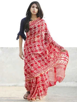 Red and White  Hand Block Printed Chiffon Saree with Zari border- S031702707