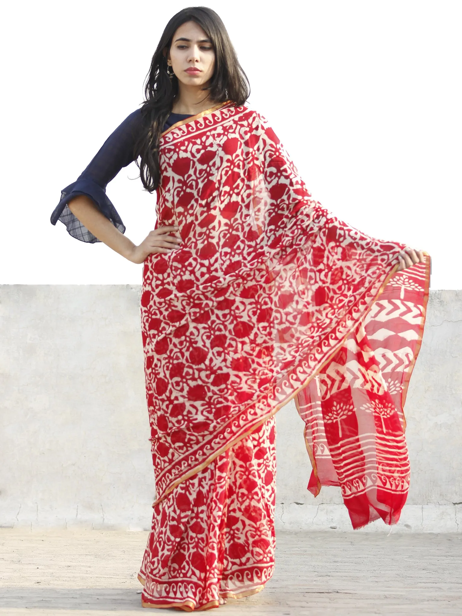 Red and White  Hand Block Printed Chiffon Saree with Zari border- S031702707