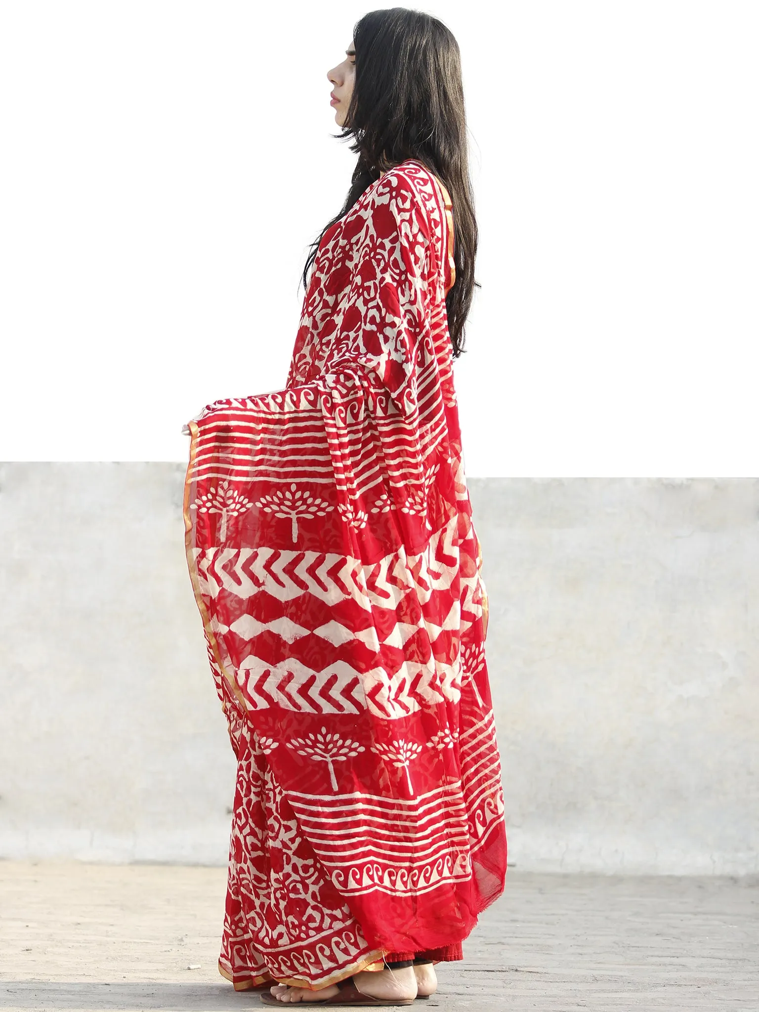 Red and White  Hand Block Printed Chiffon Saree with Zari border- S031702707