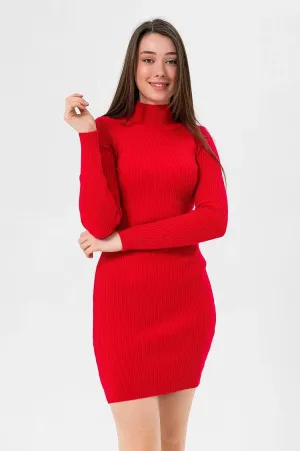 Red Turtleneck Knitted Mini Sweater Dress for Women | Long Sleeve, Slim Fit