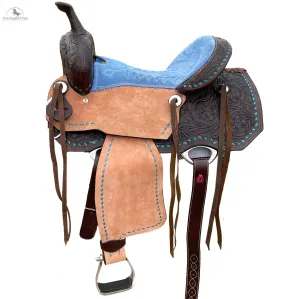 Resistance Western Barrel Racing Suede Seat Saddle With Floral Tooled Leather Skirt And Rough Out Fender - 14, 15, 16 Inch