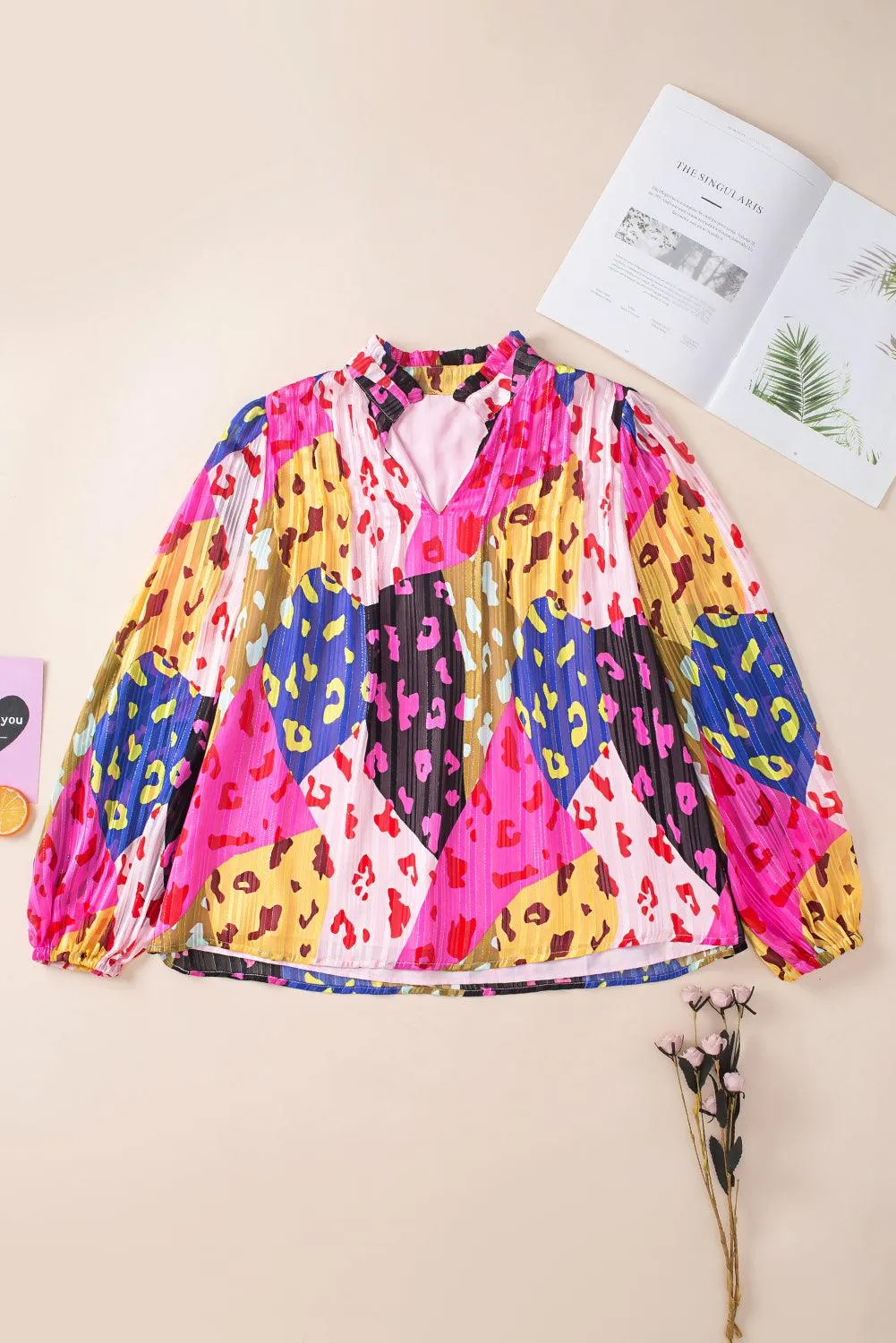 Rose Leopard Patchwork Printed Pleated Pink Blouse