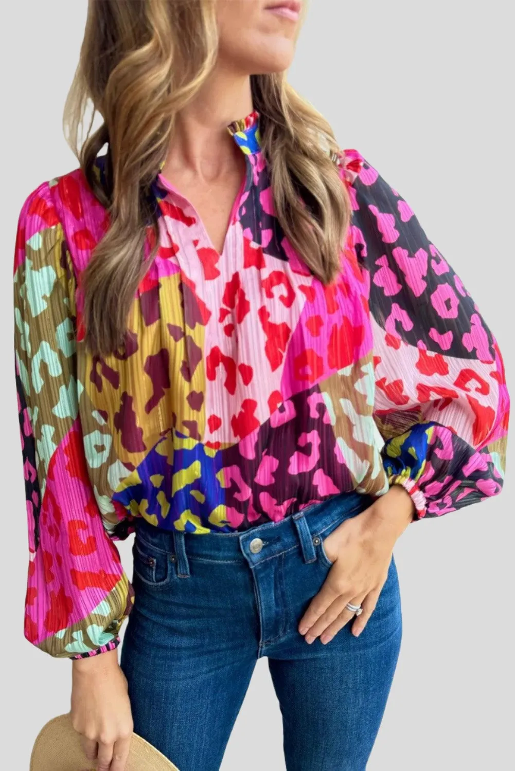 Rose Leopard Patchwork Printed Pleated Pink Blouse