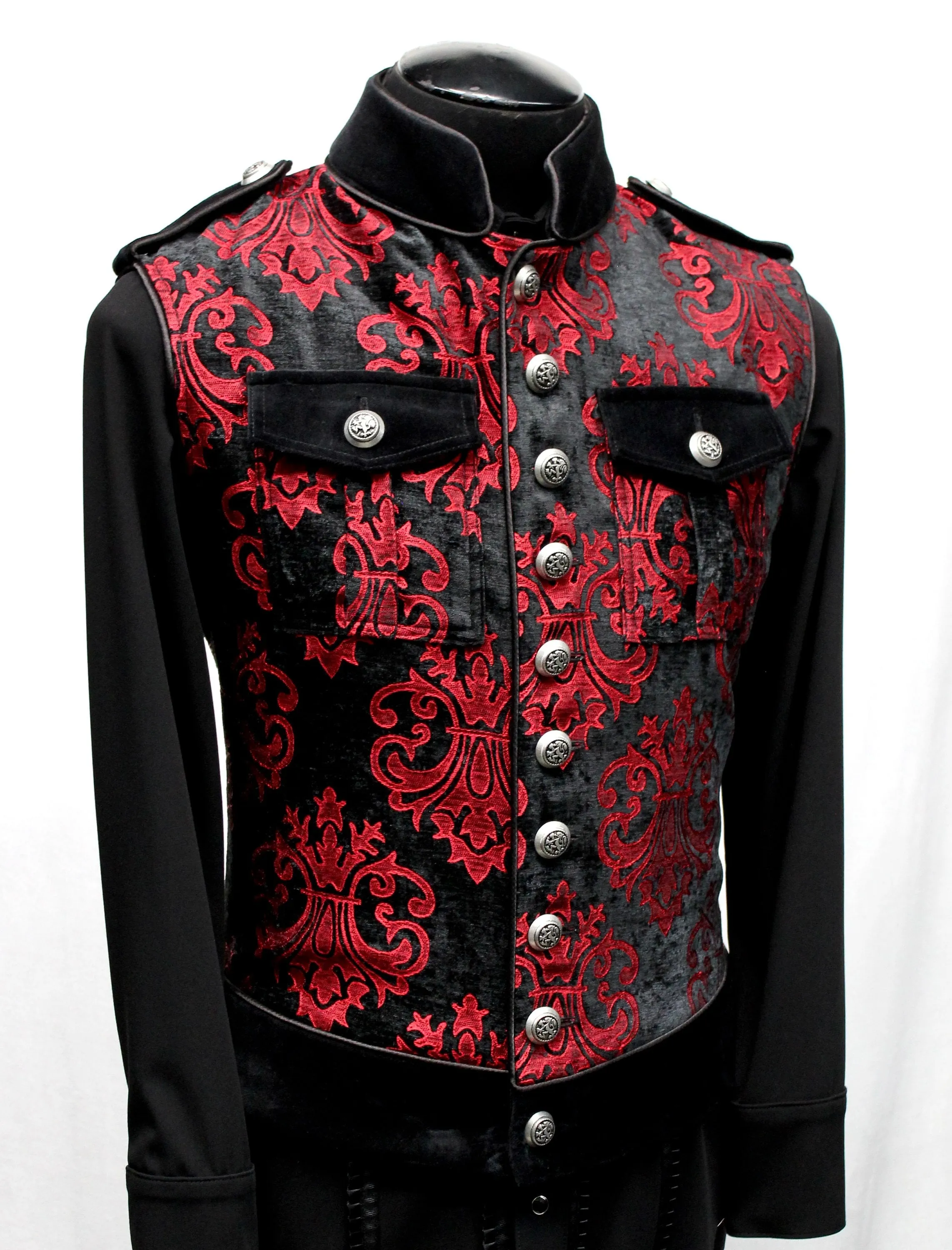 ROYAL MARINE VEST -Red On Black Velvet Brocade