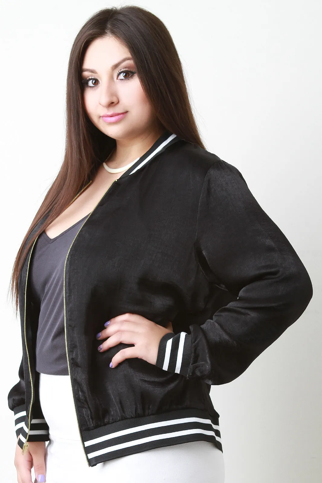 Shine Satin Stripe Trim Bomber Jacket