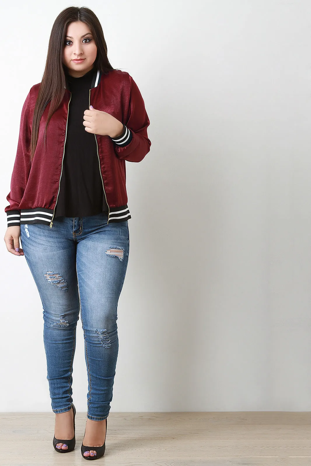 Shine Satin Stripe Trim Bomber Jacket