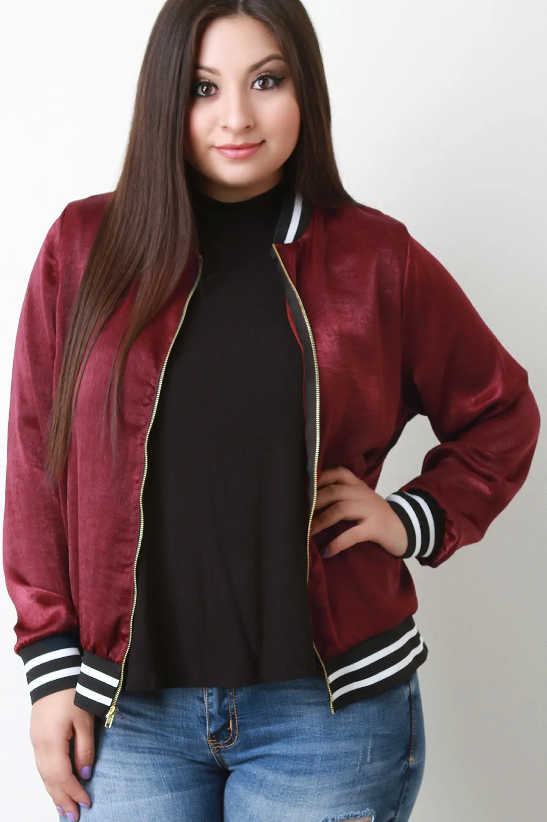 Shine Satin Stripe Trim Bomber Jacket