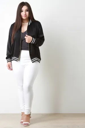 Shine Satin Stripe Trim Bomber Jacket