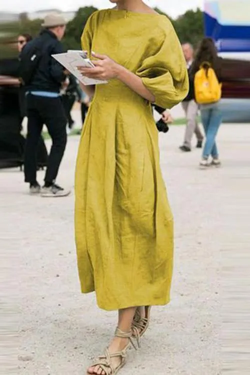 Solid Linen Half Sleeve Dress