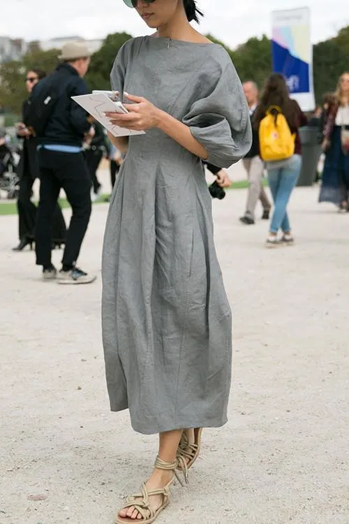 Solid Linen Half Sleeve Dress