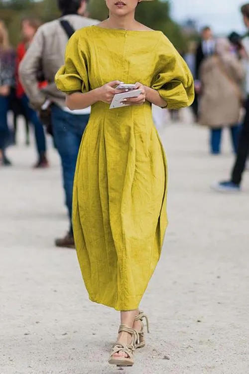 Solid Linen Half Sleeve Dress