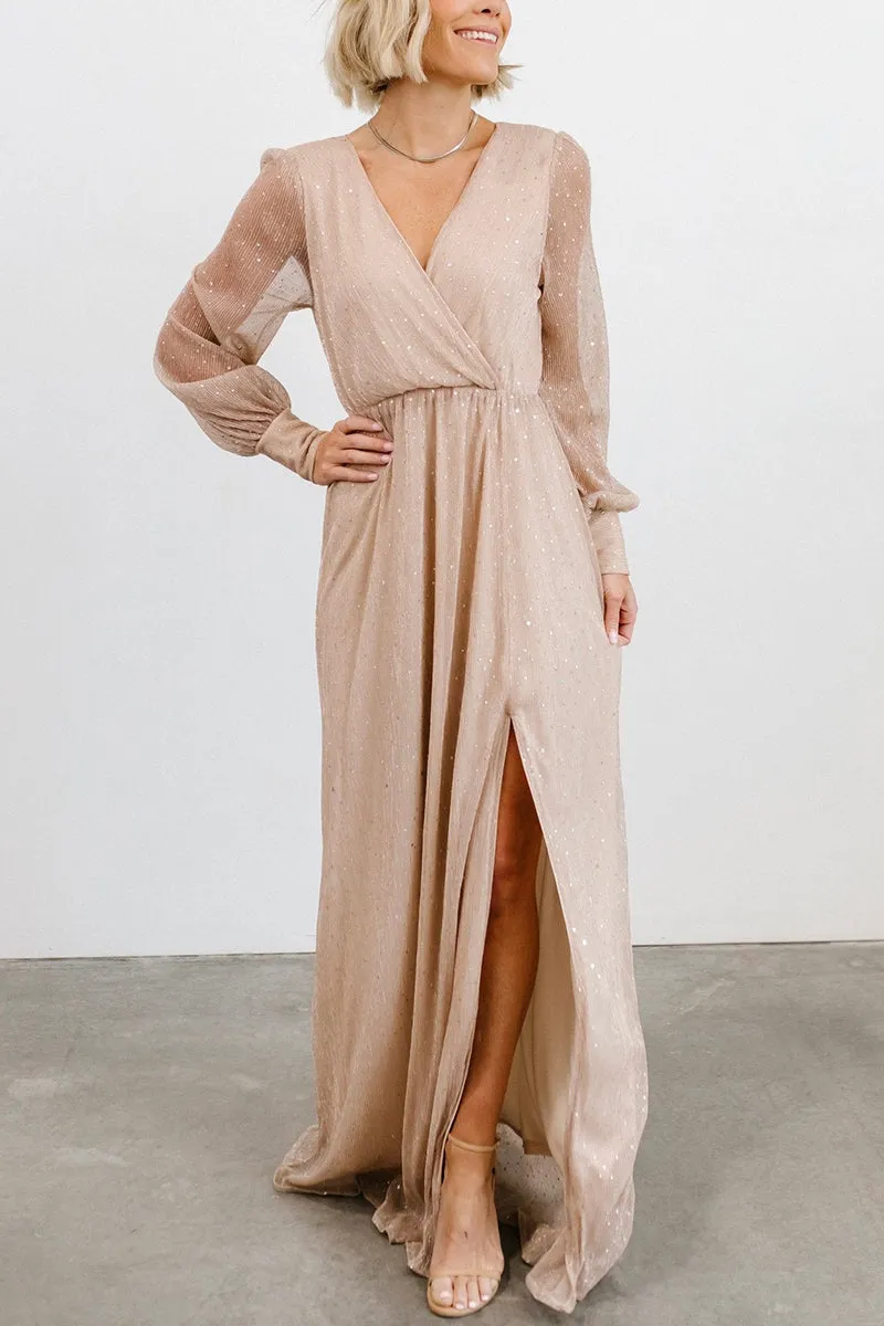 Sparkle Puff Long Sleeve Slit Maxi Dress