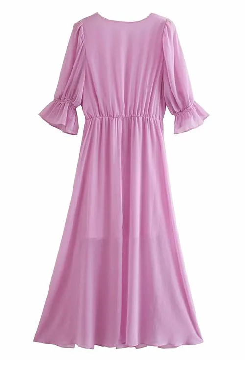 V Neck Puff Sleeve Maxi Dress