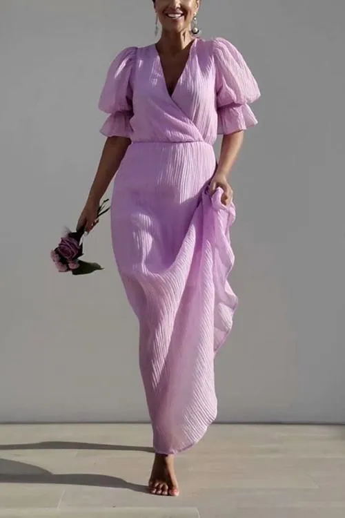 V Neck Puff Sleeve Maxi Dress