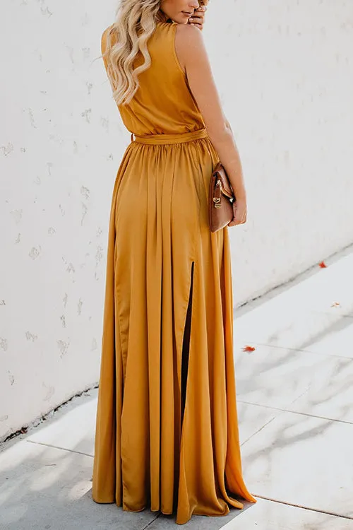 V Neck Sleeveless Slit Wrap Maxi Dress