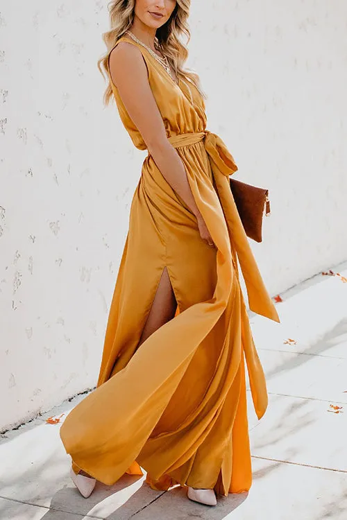 V Neck Sleeveless Slit Wrap Maxi Dress