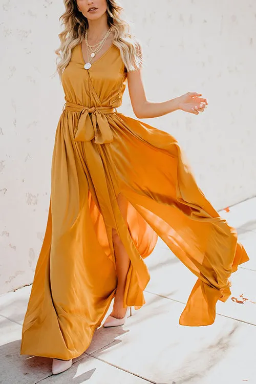 V Neck Sleeveless Slit Wrap Maxi Dress