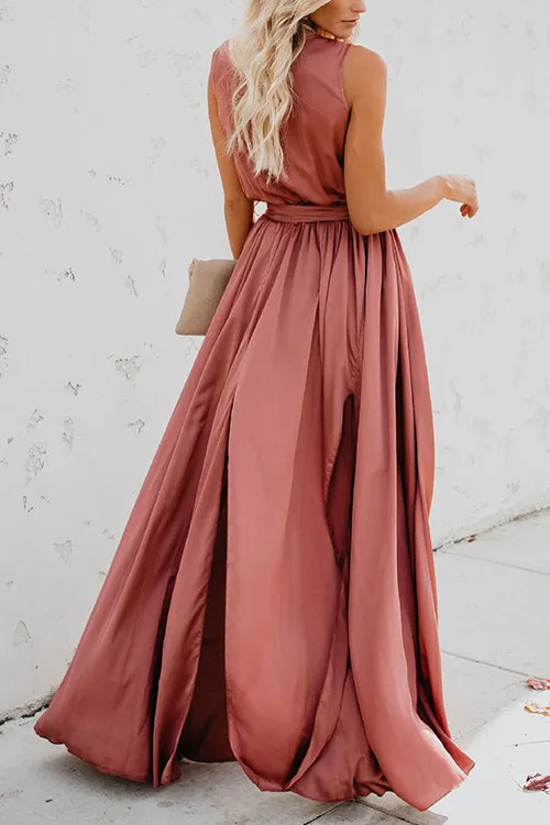 V Neck Sleeveless Slit Wrap Maxi Dress