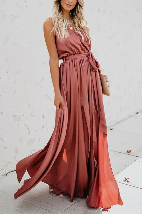 V Neck Sleeveless Slit Wrap Maxi Dress