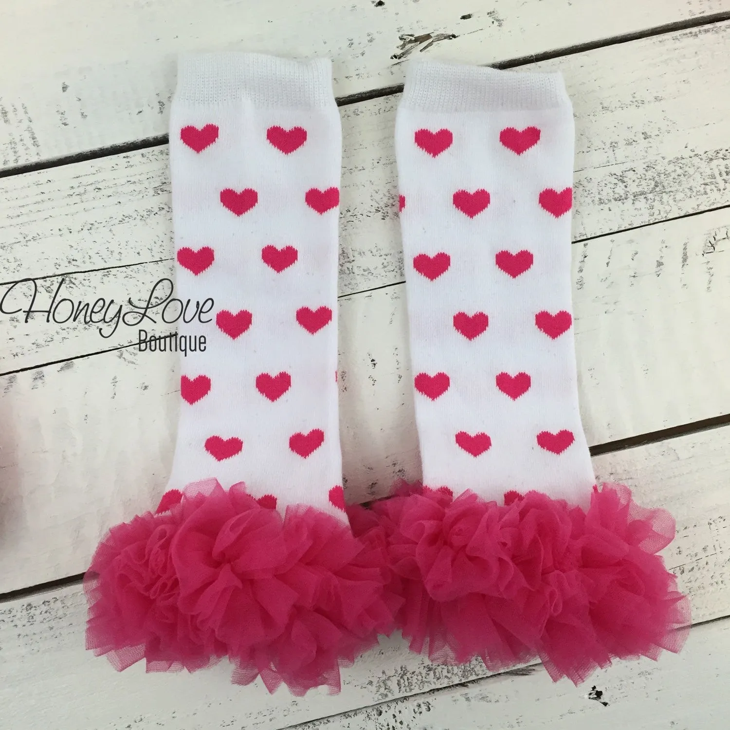 White/Hot Pink Heart leg warmers, flower headband, ruffle bottom bloomers