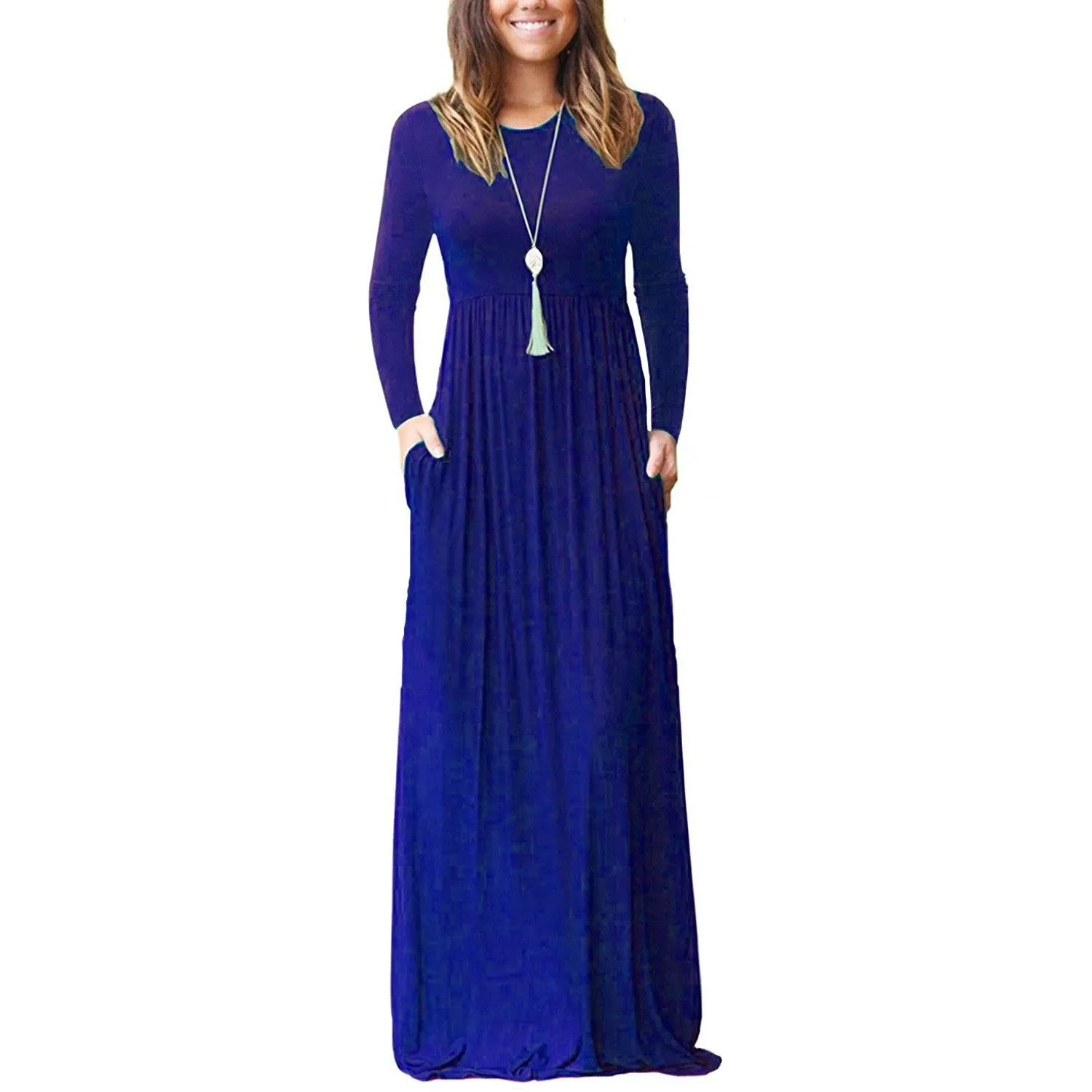 Women Long Sleeve Loose Plain Maxi Dresses Casual Long Dresses with Pockets