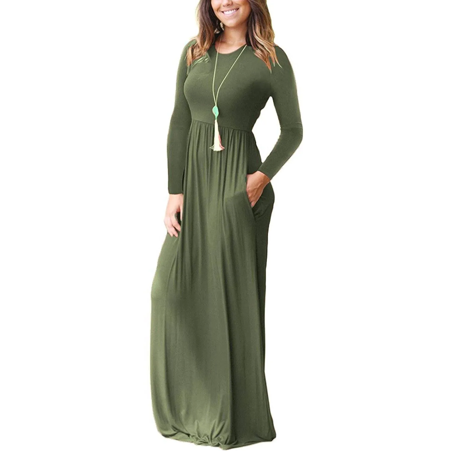 Women Long Sleeve Loose Plain Maxi Dresses Casual Long Dresses with Pockets