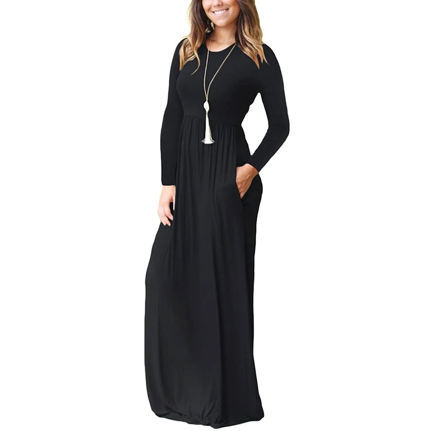 Women Long Sleeve Loose Plain Maxi Dresses Casual Long Dresses with Pockets